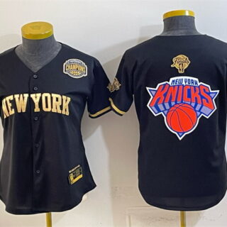 Youth New York Knicks Team Big Logo Black Gold 2026 Finals & Eastern Conference Champions Patch Stitched Baseball Jersey