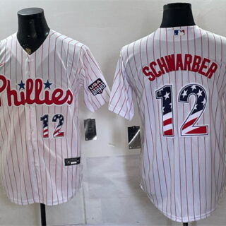Men's Philadelphia Phillies #12 Kyle Schwarber White USA 250 Fourth of July Home Stitched Baseball Jersey