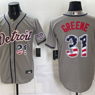 Men's Detroit Tigers #31 Riley Greene Grey 2026 USA 250 Fourth of July Stitched Baseball Jersey