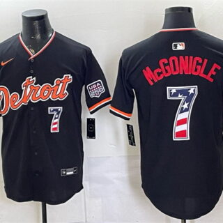 Men's Detroit Tigers #7 Kevin McGonigle Black 2026 USA 250 Fourth of July Stitched Baseball Jersey