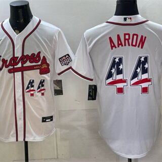Men's Atlanta Braves #44 Hank Aaron White USA 250 Fourth of July Home Stadium Stitched Baseball Jersey