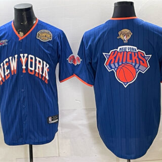 Men's New York Knicks Team Big Logo Royal 2026 Finals & Eastern Conference Champions Patch Stitched Baseball Jersey