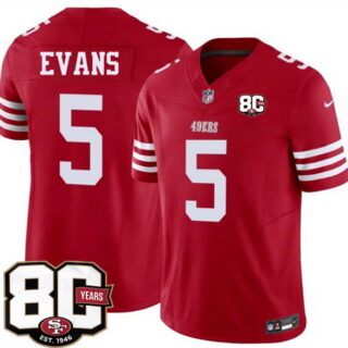 Men's San Francisco 49ers #5 Mike Evans Red 80th Anniversary Patch 2026 F.U.S.E. Vapor Untouchabl2026 F.U.S.E. Vapor Untouchable Limited Stitched Football Jersey