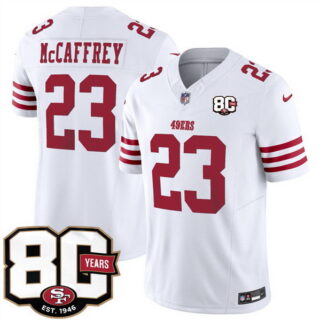 Men's San Francisco 49ers #23 Christian McCaffrey White 80th Anniversary Patch 2026 F.U.S.E. Vapor Untouchabl2026 F.U.S.E. Vapor Untouchable Limited Stitched Football Jersey