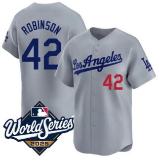 Men's Los Angeles Dodgers #42 Jackie Robinson Gray 2025 World Series Home Limited Stitched Baseball Jersey