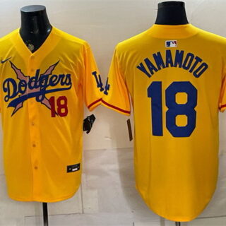 Men's Los Angeles Dodgers x One Piece #18 Yoshinobu Yamamoto Yellow Vapor Premier Limited Stitched Baseball Jersey
