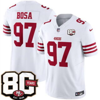 Men's San Francisco 49ers #97 Nick Bosa White 80th Anniversary Patch 2026 F.U.S.E. Vapor Untouchabl2026 F.U.S.E. Vapor Untouchable Limited Stitched Football Jersey
