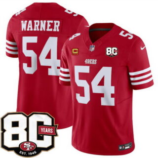 Men's San Francisco 49ers #54 Fred Warner Red 80th Anniversary Patch And 4-Star C Patch 2026 F.U.S.E. Vapor Untouchabl2026 F.U.S.E. Vapor Untouchable Limited Stitched Football Jersey