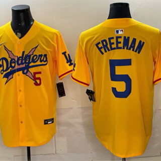 Men's Los Angeles Dodgers x One Piece #5 Freddie Freeman Yellow Vapor Premier Limited Stitched Baseball Jersey