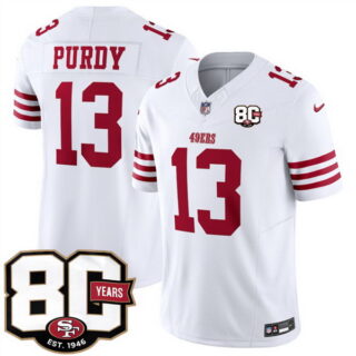 Men's San Francisco 49ers #13 Brock Purdy White 80th Anniversary Patch 2026 F.U.S.E. Vapor Untouchabl2026 F.U.S.E. Vapor Untouchable Limited Stitched Football Jersey