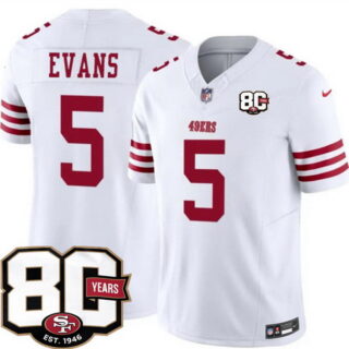 Men's San Francisco 49ers #5 Mike Evans White 80th Anniversary Patch 2026 F.U.S.E. Vapor Untouchabl2026 F.U.S.E. Vapor Untouchable Limited Stitched Football Jersey