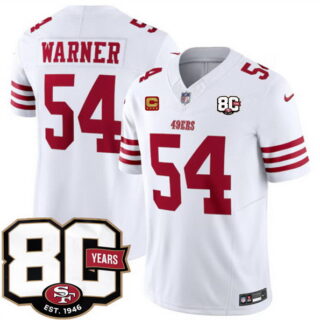 Men's San Francisco 49ers #54 Fred Warner White 80th Anniversary Patch And 4-Star C Patch 2026 F.U.S.E. Vapor Untouchabl2026 F.U.S.E. Vapor Untouchable Limited Stitched Football Jersey