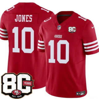 Men's San Francisco 49ers #10 Mac Jones Red 80th Anniversary Patch 2026 F.U.S.E. Vapor Untouchabl2026 F.U.S.E. Vapor Untouchable Limited Stitched Football Jersey
