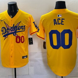 Men's Los Angeles Dodgers x One Piece #00 Ace Yellow Vapor Premier Limited Stitched Baseball Jersey