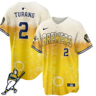 Men's Milwaukee Brewers #2 Brice Turang 'Pitcher & Pint' Jersey