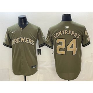 Men's Milwaukee Brewers #24 William Contreras Olive 2026 Armed Forces Day Stitched Baseball Jersey