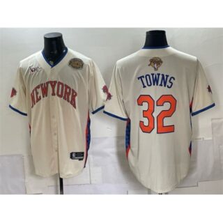 Men's New York Knicks #32 Karl-Anthony Towns Cream 2026 Finals & Eastern Conference Champions Stitched Baseball Jersey