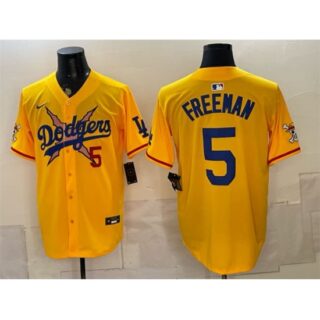 Men's Los Angeles Dodgers x One Piece #5 Freddie Freeman Yellow Vapor Premier Limited Stitched Baseball Jersey