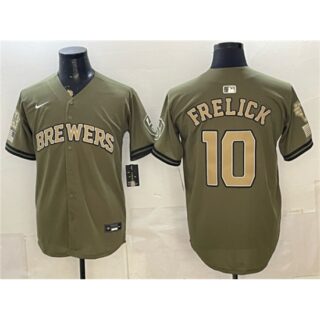 Men's Milwaukee Brewers #10 Sal Frelick Olive 2026 Armed Forces Day Stitched Baseball Jersey