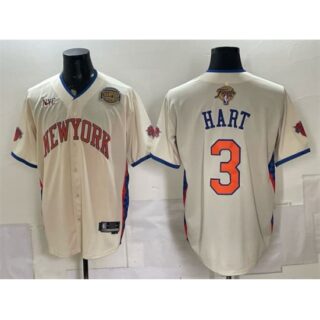 Men's New York Knicks #3 Josh Hart Cream 2026 Finals & Eastern Conference Champions Stitched Baseball Jersey