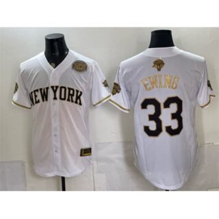 Men's New York Knicks #33 Patrick Ewing White Gold 2026 Finals & Eastern Conference Champions Stitched Baseball Jersey