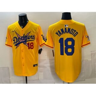 Men's Los Angeles Dodgers x One Piece #18 Yoshinobu Yamamoto Yellow Vapor Premier Limited Stitched Baseball Jersey