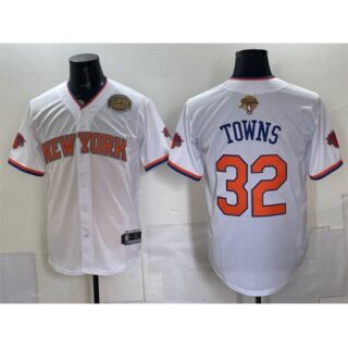Men's New York Knicks #32 Karl-Anthony Towns White 2026 Finals & Eastern Conference Champions Stitched Baseball Jersey