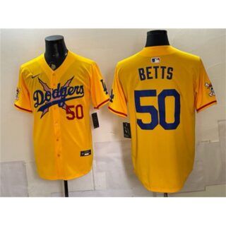 Men's Los Angeles Dodgers x One Piece #50 Mookie Betts Yellow Vapor Premier Limited Stitched Baseball Jersey