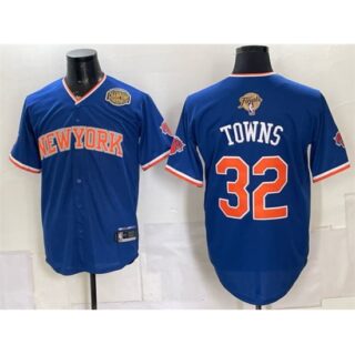 Men's New York Knicks #32 Karl-Anthony Towns Blue 2026 Finals & Eastern Conference Champions Stitched Baseball Jersey