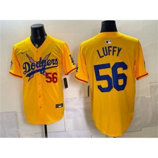 Men's Los Angeles Dodgers x One Piece #56 Luffy Yellow Vapor Premier Limited Stitched Baseball Jersey