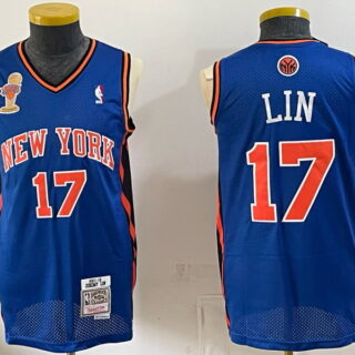 Men's New York Knicks #17 Jeremy Lin Mitchell & Ness 2011-12 NBA Finals Trophy Patch Hardwood Classics Swingman Jersey - Royal Blue