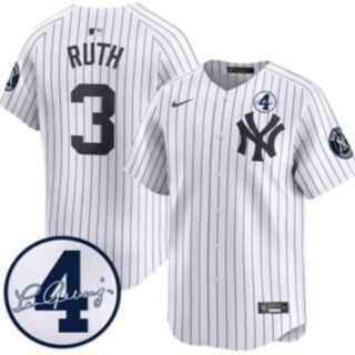 Men's New York Yankees #3 Babe Ruth Lou Gehrig #4 Signature Patch Pinstripe Baseball Jersey - White
