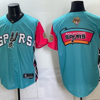 Men's San Antonio Spurs Finals and Champions Patch Retro San Antonio Logo Back Graphic Fiesta Button-Up Baseball Jersey - Teal
