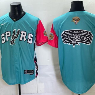 Men's San Antonio Spurs Finals and Champions Patch Wordmark Back Graphic Fiesta Button-Up Baseball Jersey - Teal